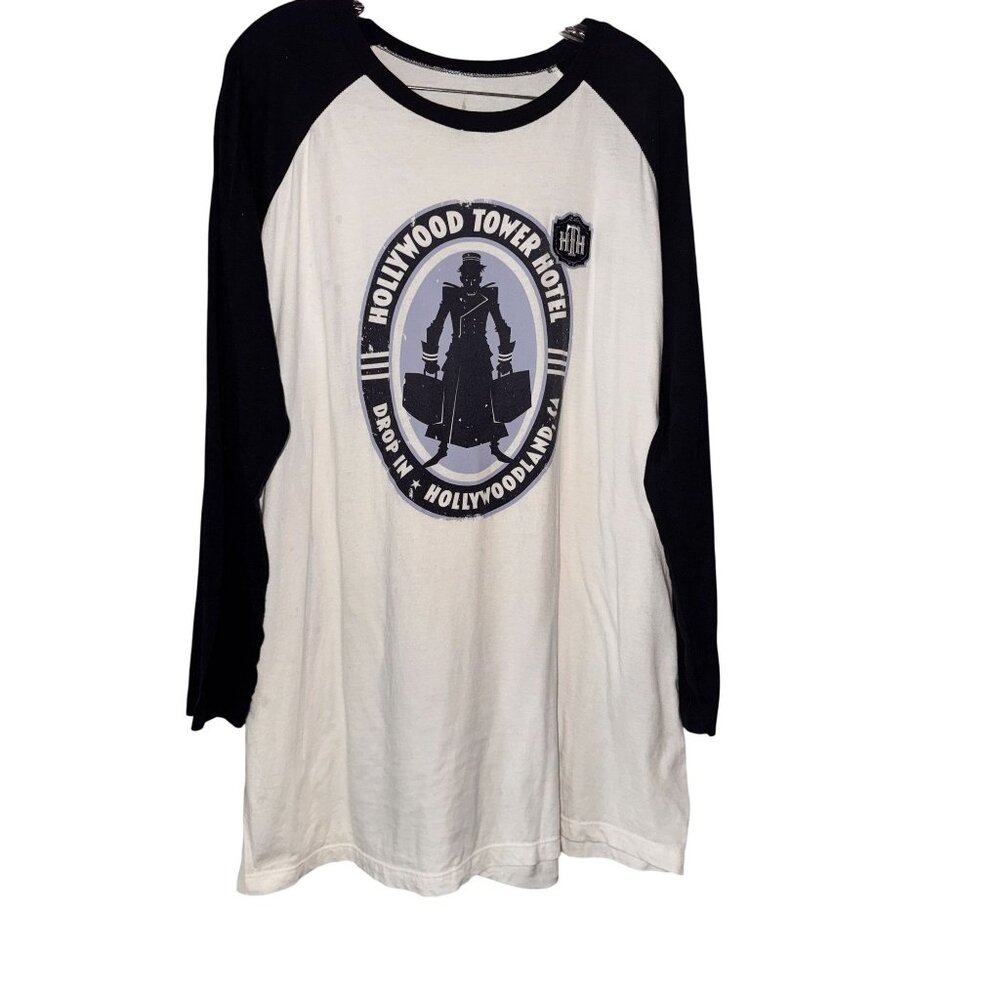 Disney Parks Hollywood Tower Hotel Long Sleeve Raglan T-Shirt XL Black & White 1